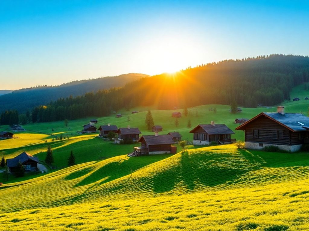Peisaj rural românesc cu case tradiționale și coline.