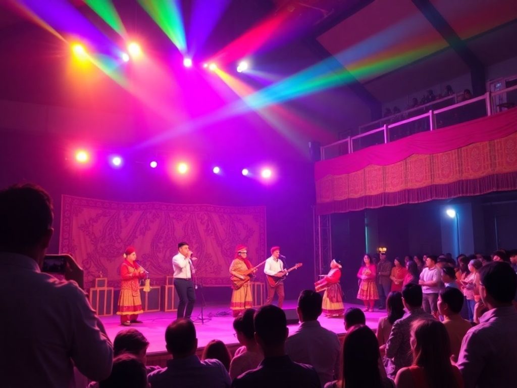 Eveniment cultural plin de artiști și costume tradiționale.