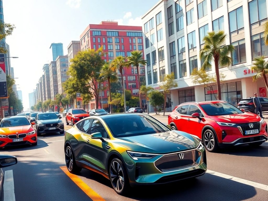 Peisaj auto futurist cu vehicule electrice si tehnologie avansată.