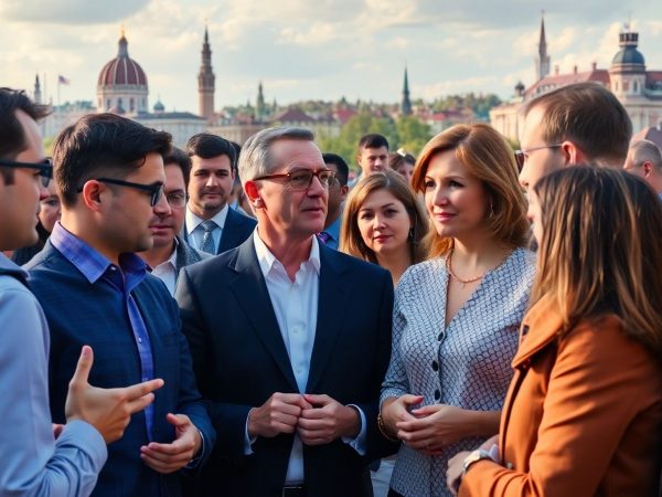 Grup divers de oameni discutând despre politică.