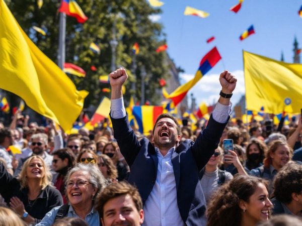 Oameni la un miting politic în România.