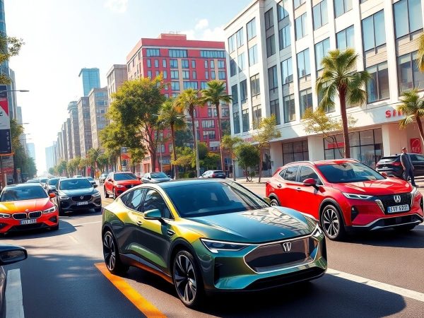 Peisaj auto futurist cu vehicule electrice si tehnologie avansată.